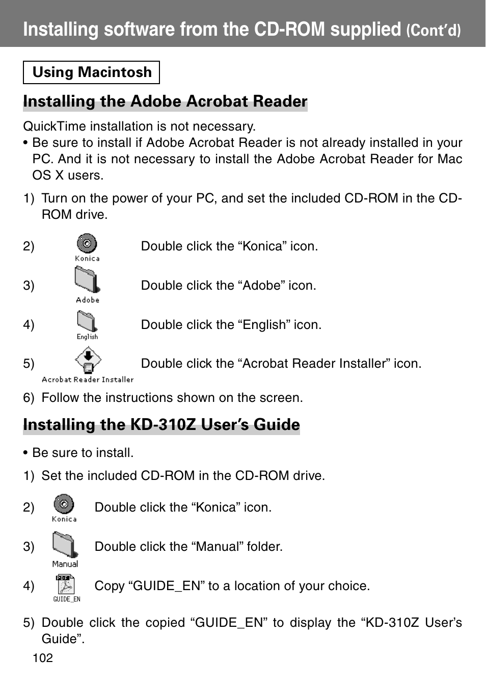 Using macintosh, Installing software from the cd-rom supplied, Installing the adobe acrobat reader | Installing the kd-310z user’s guide, Cont’d) | Konica Minolta Revio KD310Z User Manual | Page 102 / 113