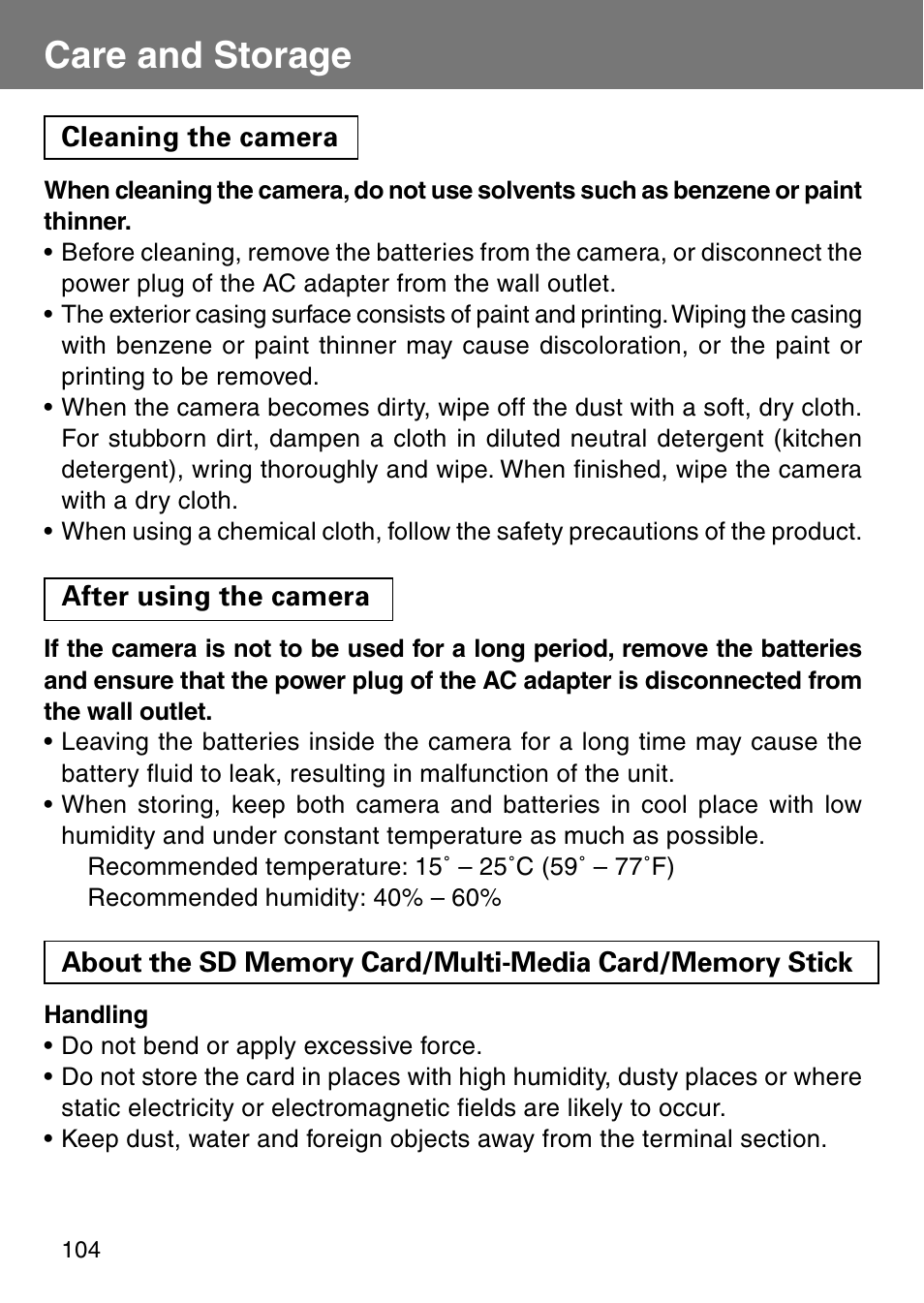 Care and storage | Konica Minolta Revio KD310Z User Manual | Page 104 / 113