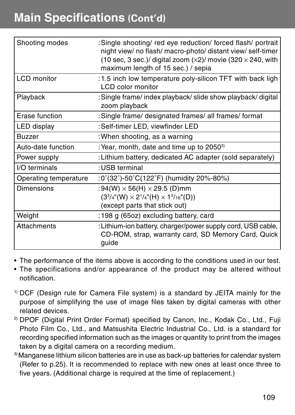 Main specifications, Cont’d) | Konica Minolta Revio KD310Z User Manual | Page 109 / 113