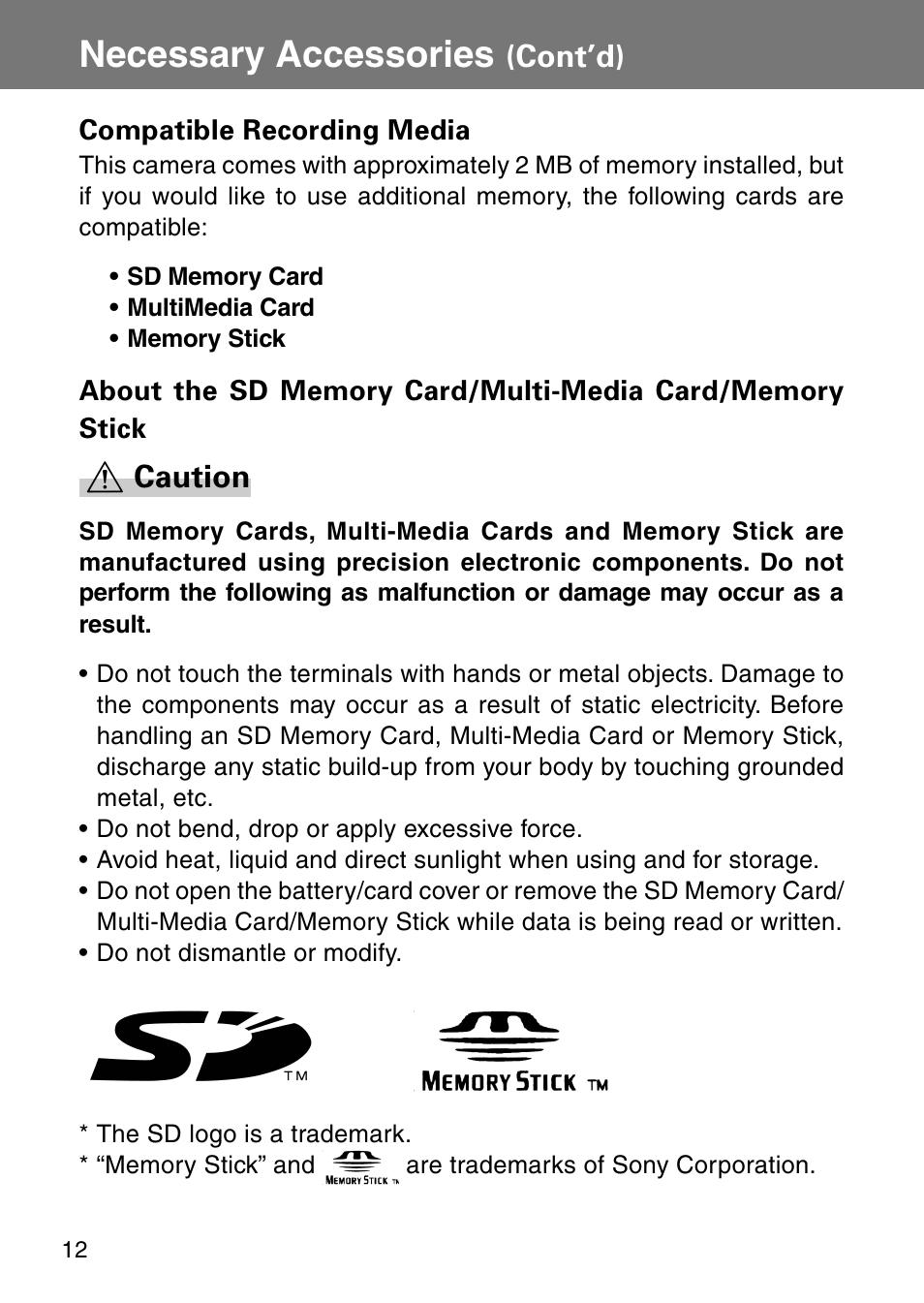 Necessary accessories, Cont’d), Caution | Konica Minolta Revio KD310Z User Manual | Page 12 / 113