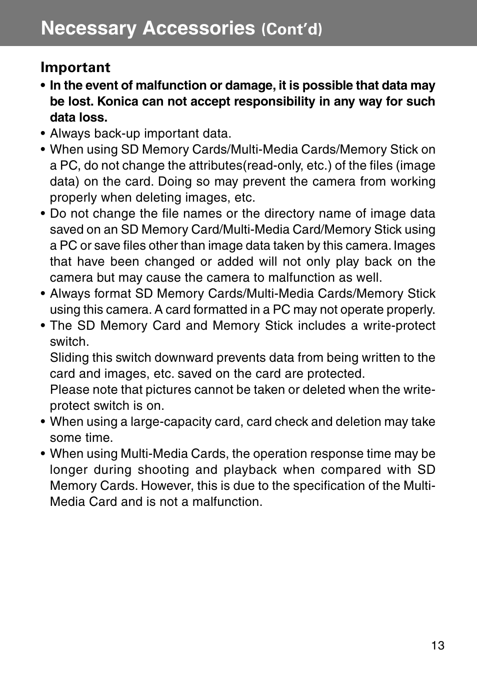 Necessary accessories, Cont’d) | Konica Minolta Revio KD310Z User Manual | Page 13 / 113