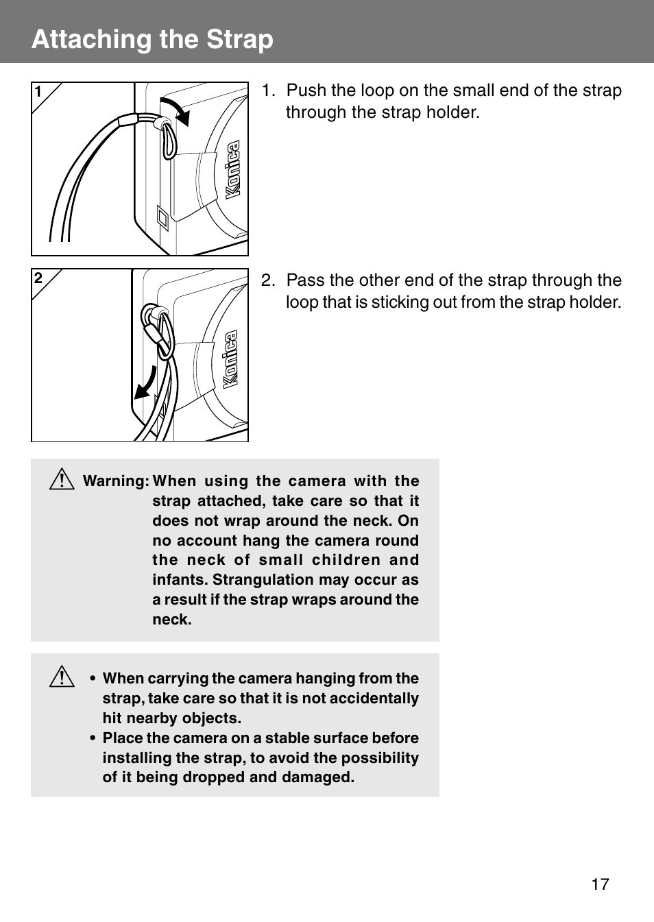 Attaching the strap | Konica Minolta Revio KD310Z User Manual | Page 17 / 113