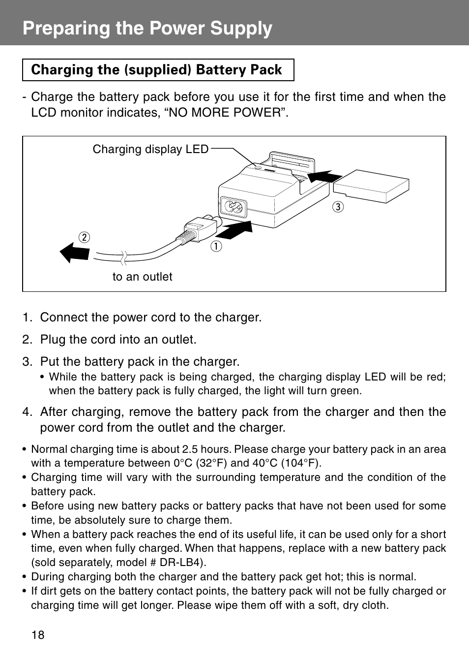 Preparing the power supply, Charging the (supplied) battery pack | Konica Minolta Revio KD310Z User Manual | Page 18 / 113