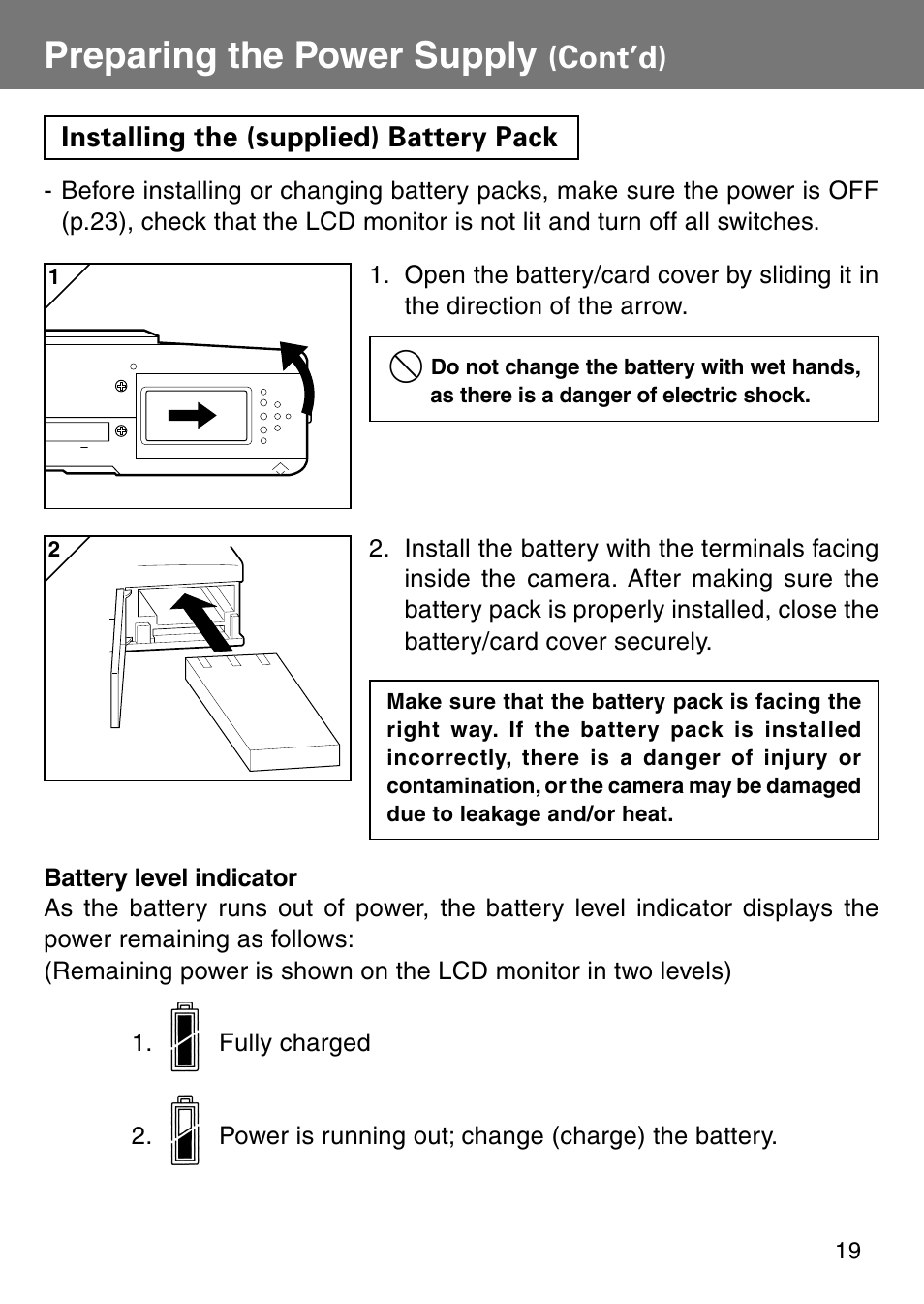 Installing the (supplied) battery pack, Preparing the power supply, Cont’d) | Konica Minolta Revio KD310Z User Manual | Page 19 / 113