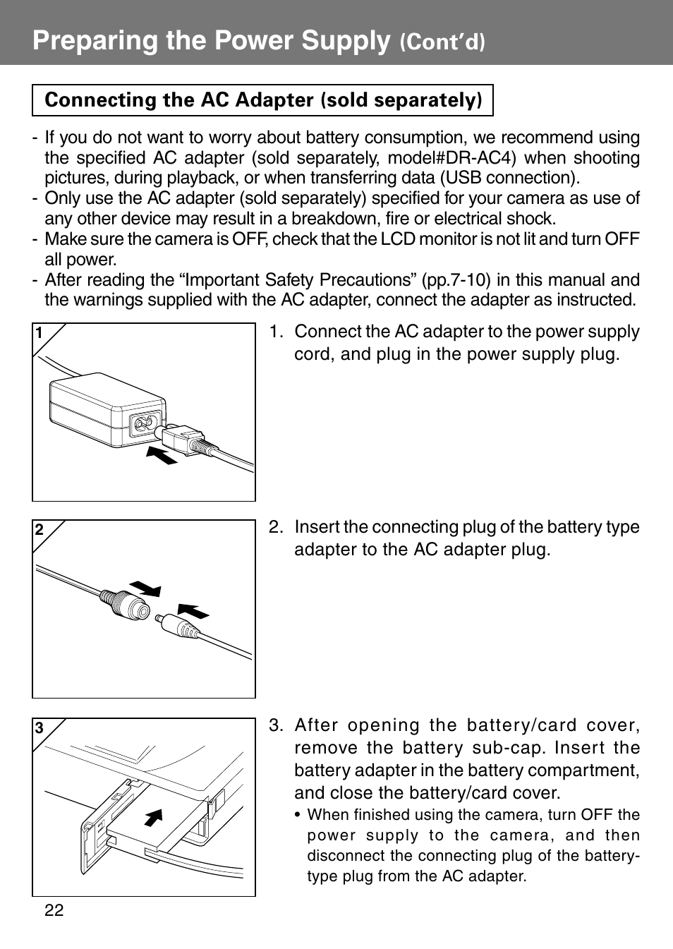 Connecting the ac adapter (sold separately), Preparing the power supply, Cont’d) | Konica Minolta Revio KD310Z User Manual | Page 22 / 113