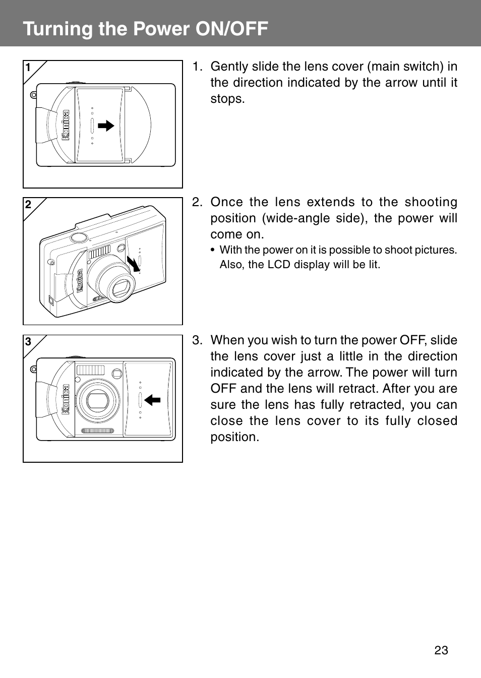 Turning the power on/off | Konica Minolta Revio KD310Z User Manual | Page 23 / 113