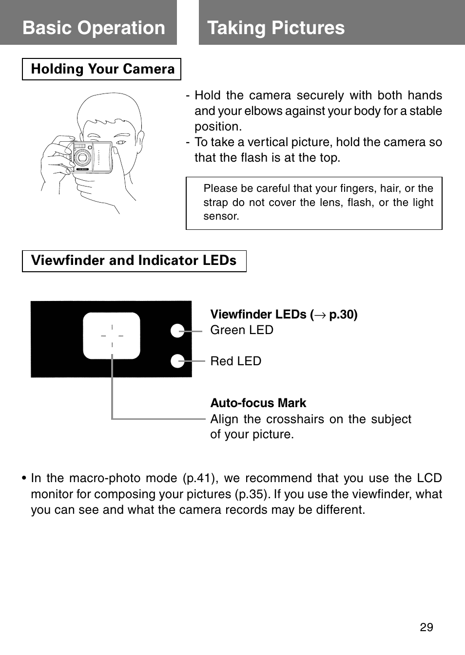 Basic operation, Taking pictures, Holding your camera | Viewfinder and indicator leds, Holding your camera viewfinder and indicator leds | Konica Minolta Revio KD310Z User Manual | Page 29 / 113
