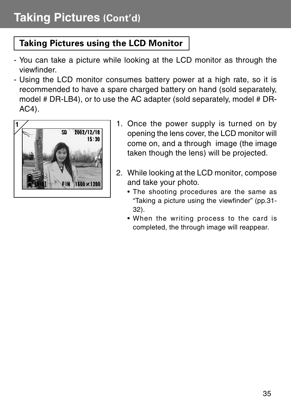 Taking pictures using the lcd monitor, Taking pictures, Cont’d) | Konica Minolta Revio KD310Z User Manual | Page 35 / 113