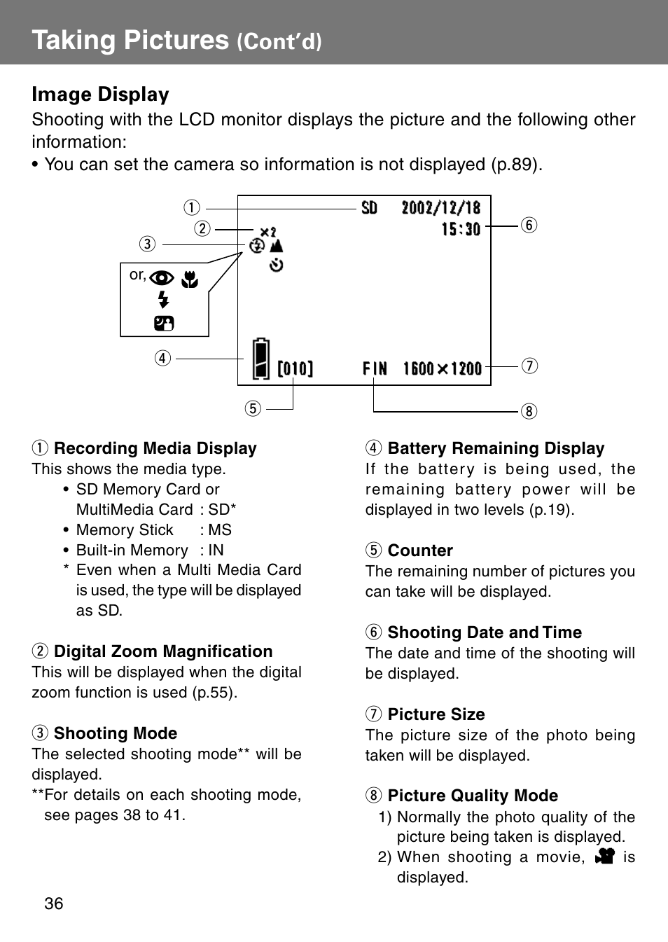 Taking pictures, Cont’d), Image display | Konica Minolta Revio KD310Z User Manual | Page 36 / 113