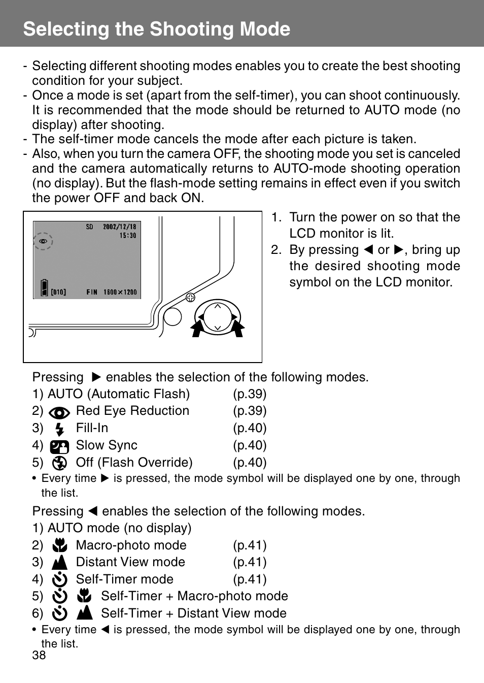 Selecting the shooting mode | Konica Minolta Revio KD310Z User Manual | Page 38 / 113