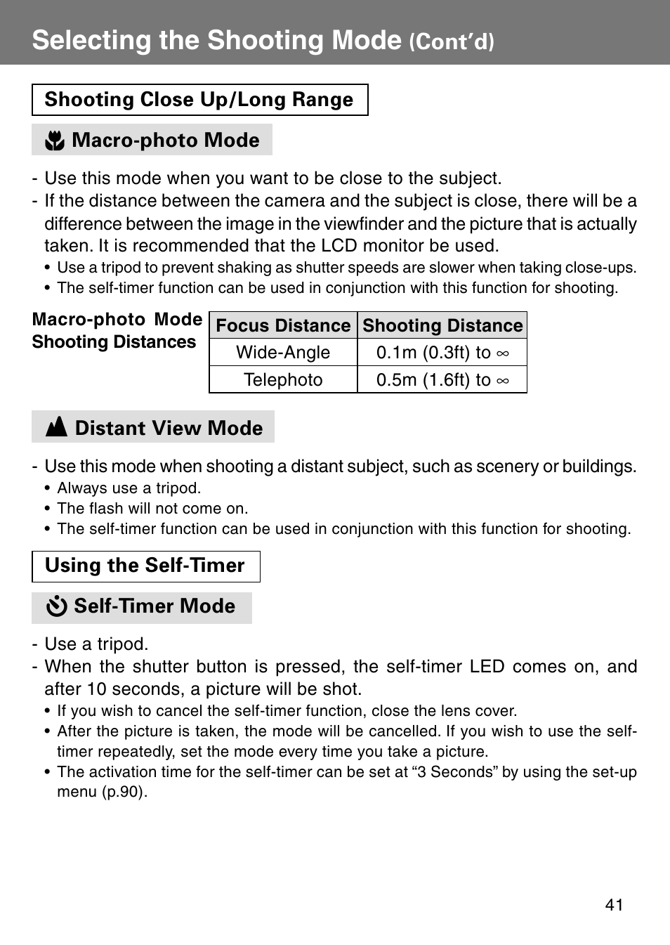 Macro-photo mode, Distant view mode, Self-timer mode | Macro-photo mode distant view mode self-timer mode, Selecting the shooting mode, Cont’d) | Konica Minolta Revio KD310Z User Manual | Page 41 / 113