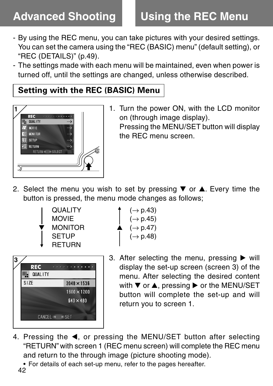 Advanced shooting, Using the rec menu, Setting with the rec (basic) menu | Using the rec menu advanced shooting | Konica Minolta Revio KD310Z User Manual | Page 42 / 113