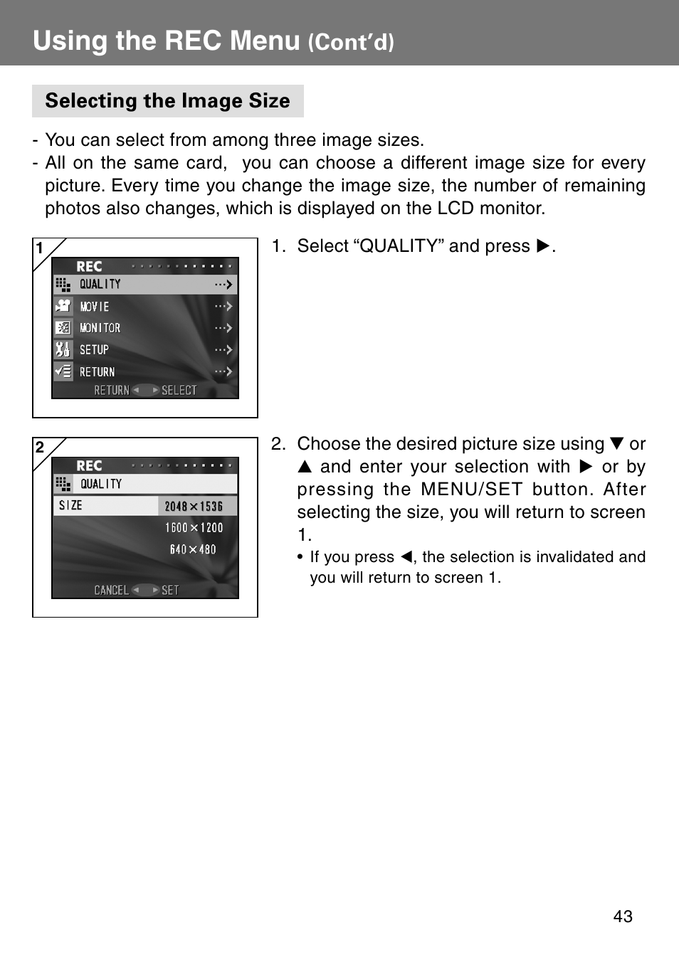 Selecting the image size, Using the rec menu, Cont’d) | Konica Minolta Revio KD310Z User Manual | Page 43 / 113