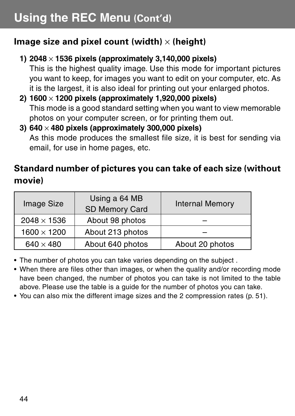 Using the rec menu, Cont’d) | Konica Minolta Revio KD310Z User Manual | Page 44 / 113