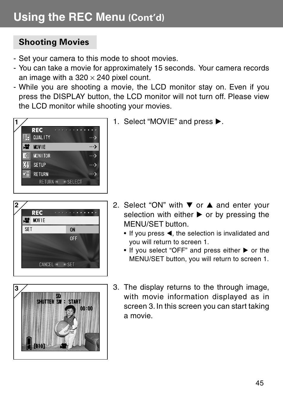 Shooting movies, Using the rec menu, Cont’d) | Konica Minolta Revio KD310Z User Manual | Page 45 / 113