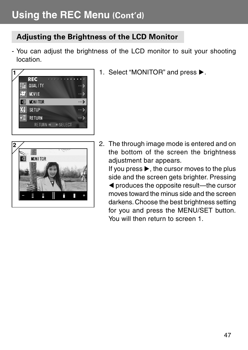 Adjusting the brightness of the lcd monitor, Using the rec menu, Cont’d) | Konica Minolta Revio KD310Z User Manual | Page 47 / 113