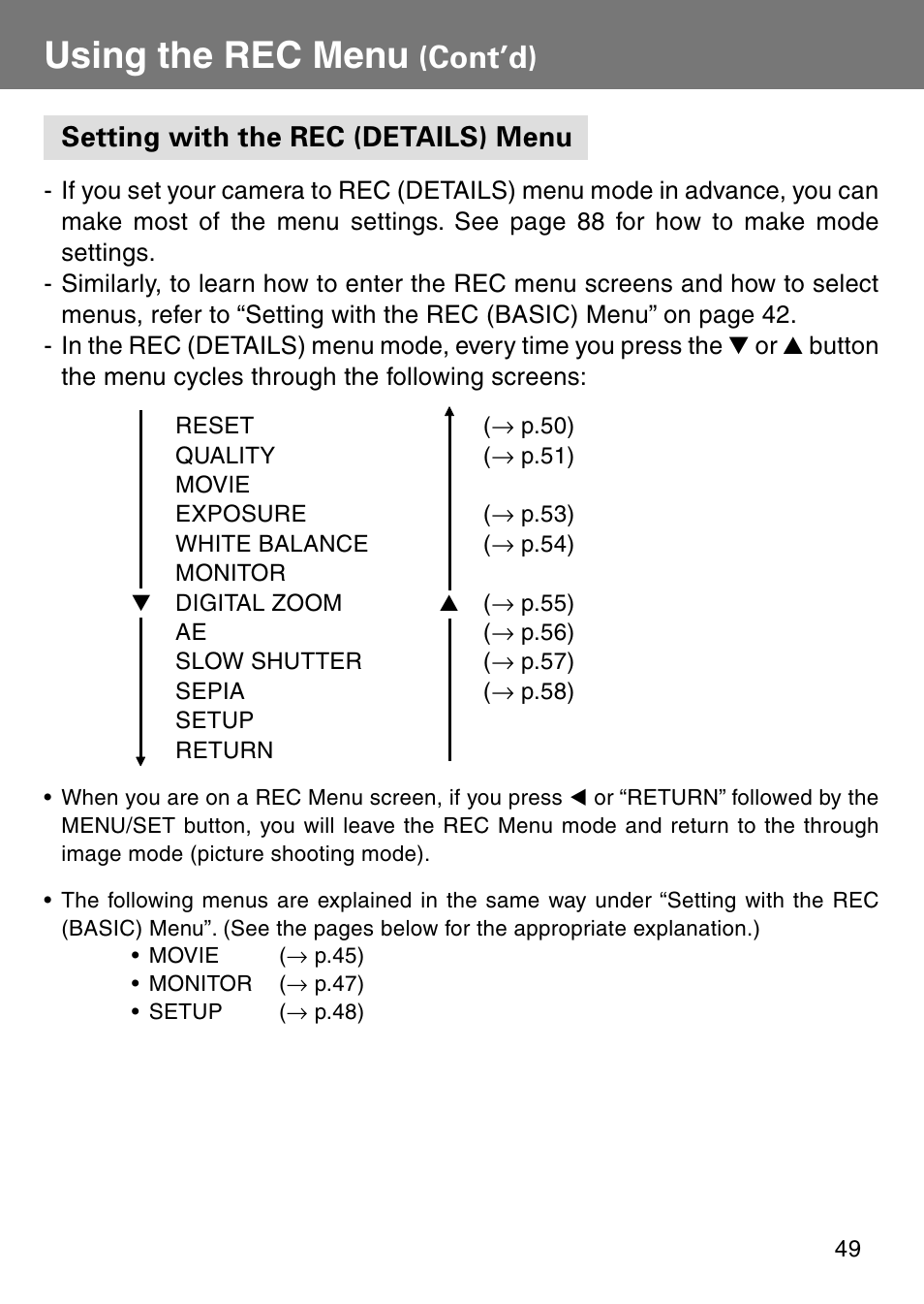 Setting with the rec (details) menu, Using the rec menu, Cont’d) | Konica Minolta Revio KD310Z User Manual | Page 49 / 113