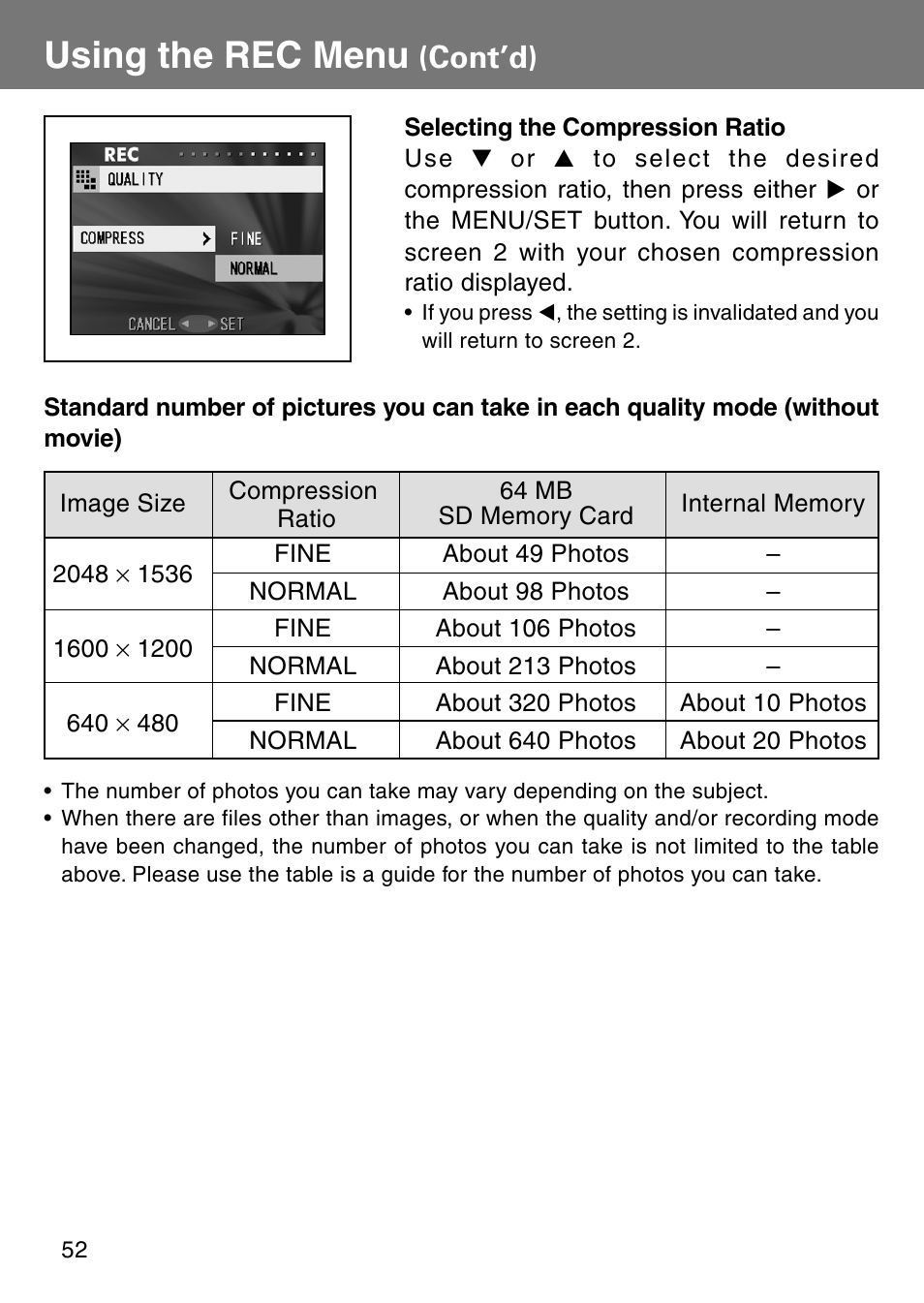 Using the rec menu, Cont’d) | Konica Minolta Revio KD310Z User Manual | Page 52 / 113