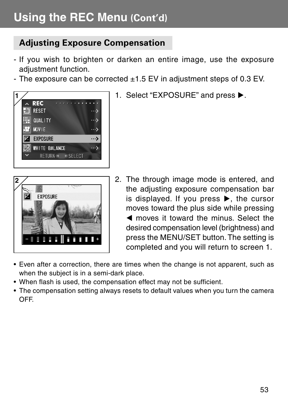 Adjusting exposure compensation, Using the rec menu, Cont’d) | Konica Minolta Revio KD310Z User Manual | Page 53 / 113