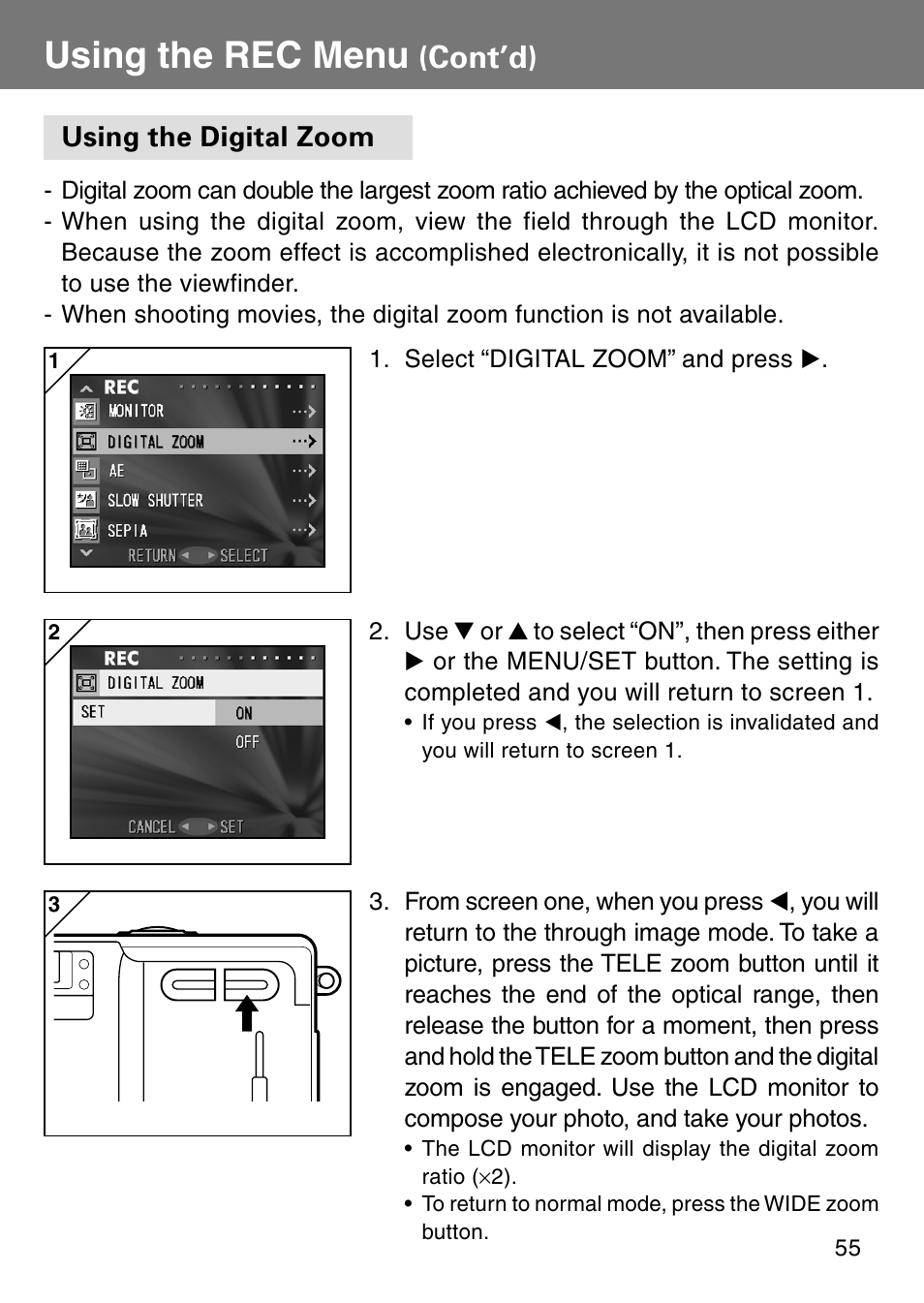 Using the digital zoom, Using the rec menu, Cont’d) | Konica Minolta Revio KD310Z User Manual | Page 55 / 113