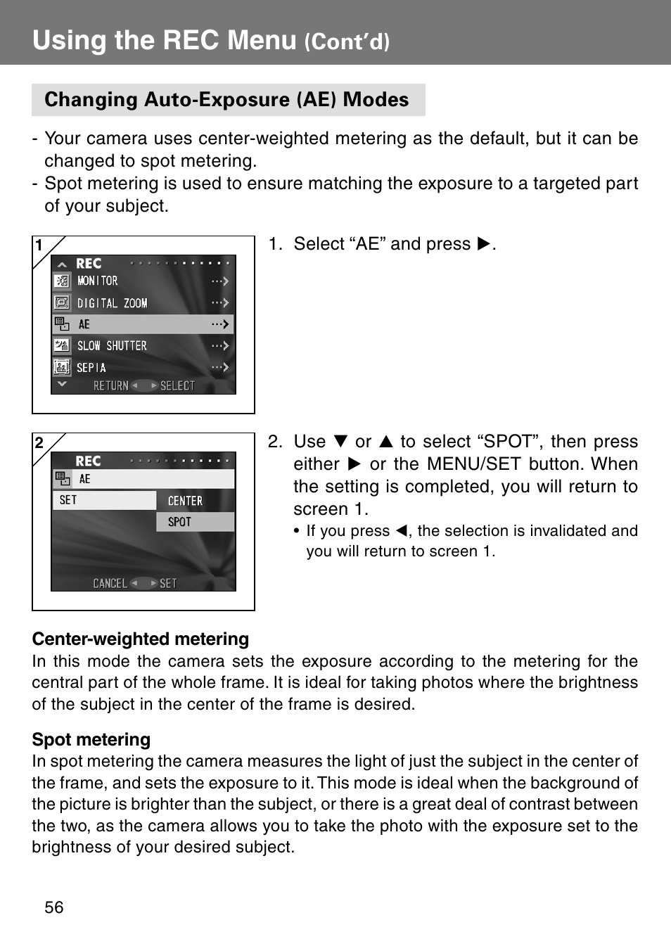 Changing auto-exposure (ae) modes, Using the rec menu, Cont’d) | Konica Minolta Revio KD310Z User Manual | Page 56 / 113