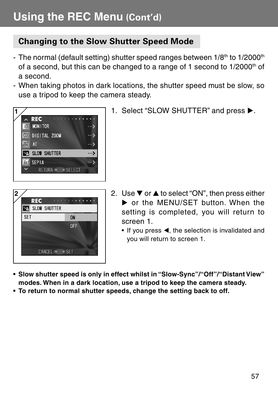 Changing to the slow shutter speed mode, Using the rec menu, Cont’d) | Konica Minolta Revio KD310Z User Manual | Page 57 / 113