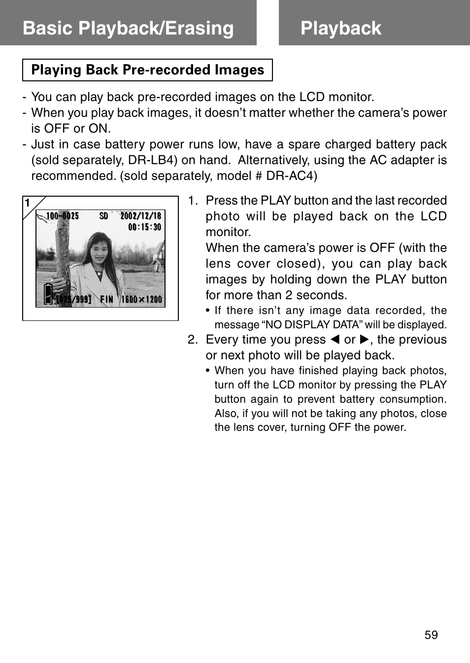Basic playback/erasing, Playback, Playing back pre-recorded images | Basic playback/erasing playback | Konica Minolta Revio KD310Z User Manual | Page 59 / 113