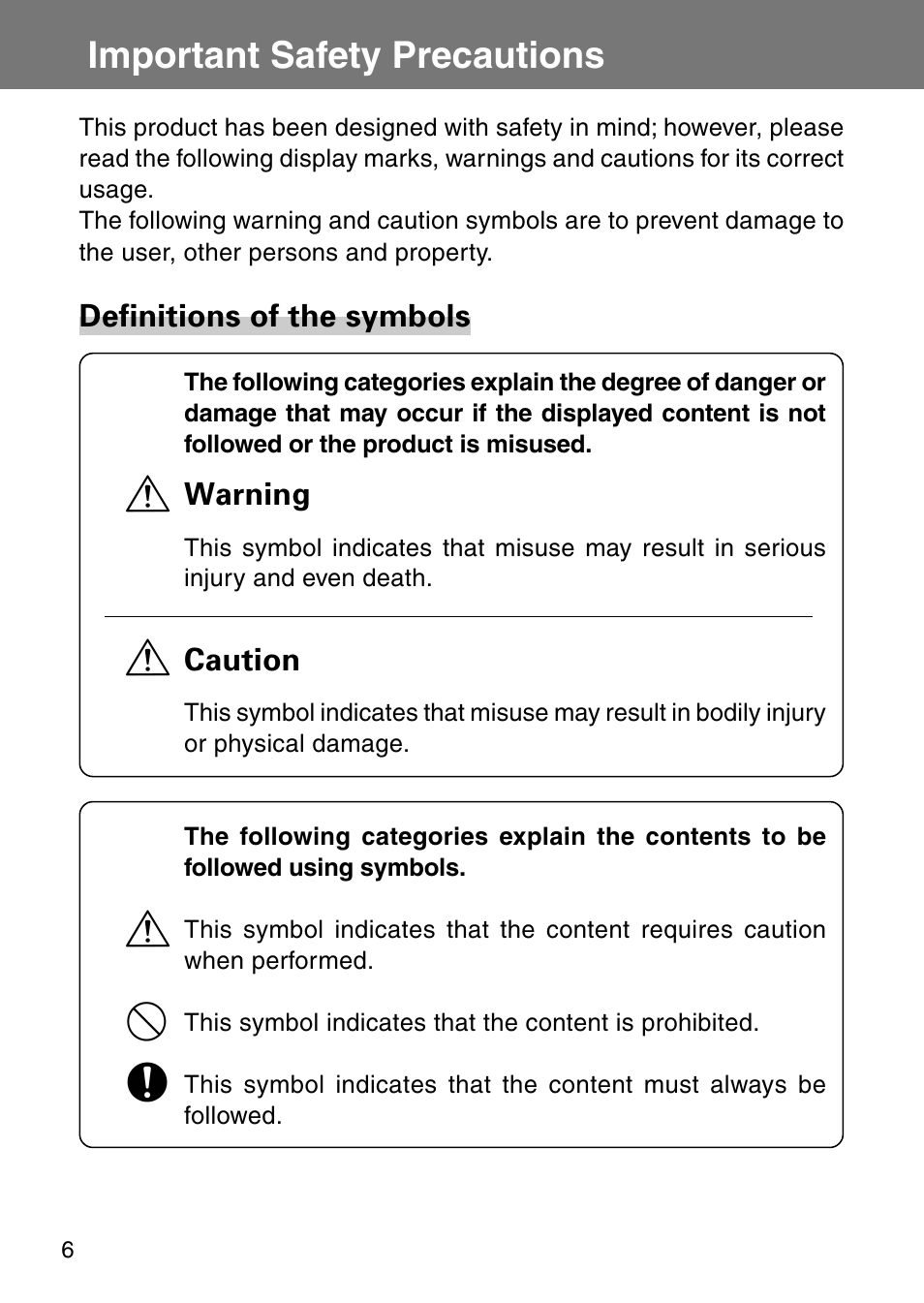 Important safety precautions, Definitions of the symbols, Warning | Caution | Konica Minolta Revio KD310Z User Manual | Page 6 / 113
