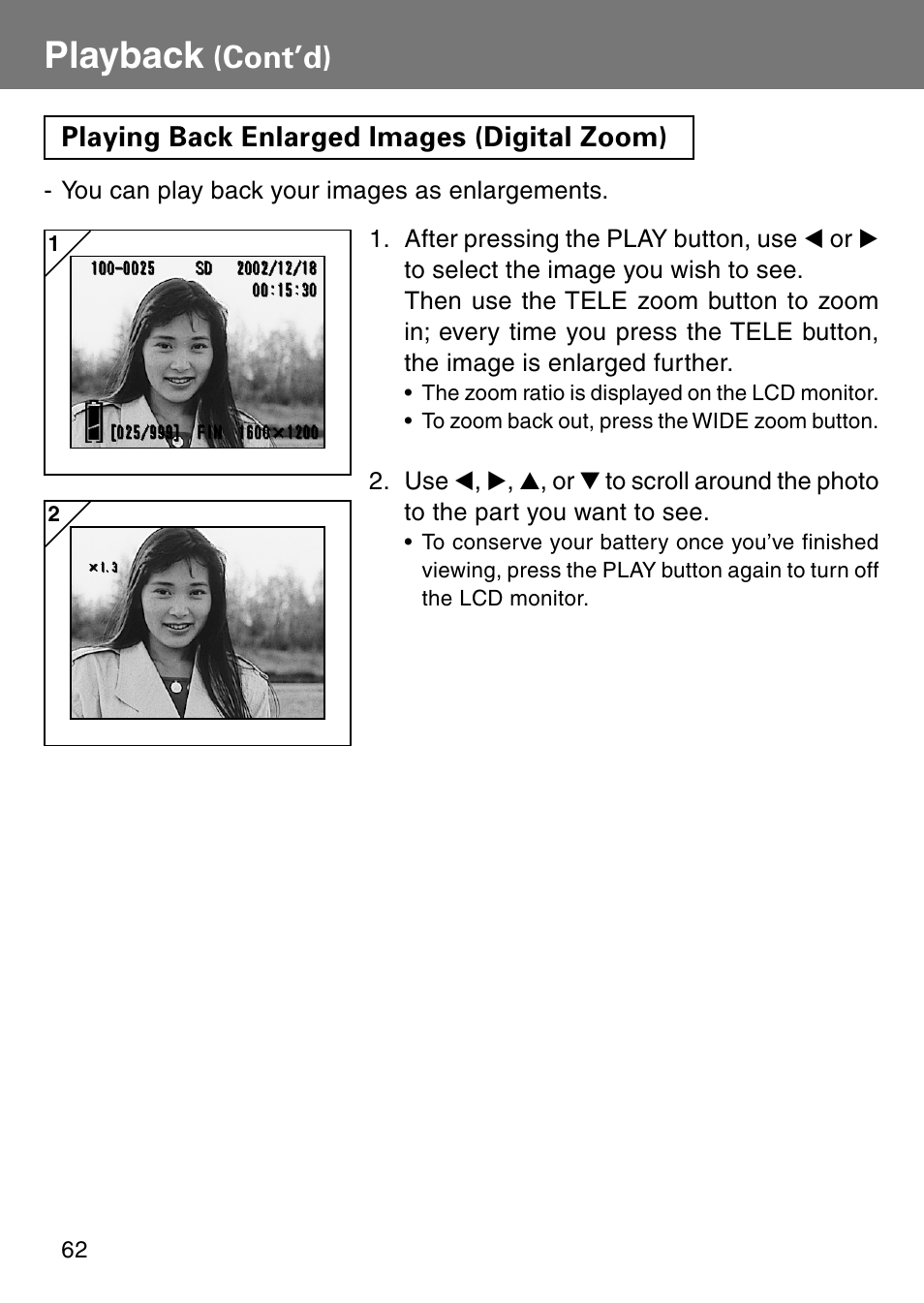 Playing back enlarged images (digital zoom), Playback, Cont’d) | Konica Minolta Revio KD310Z User Manual | Page 62 / 113