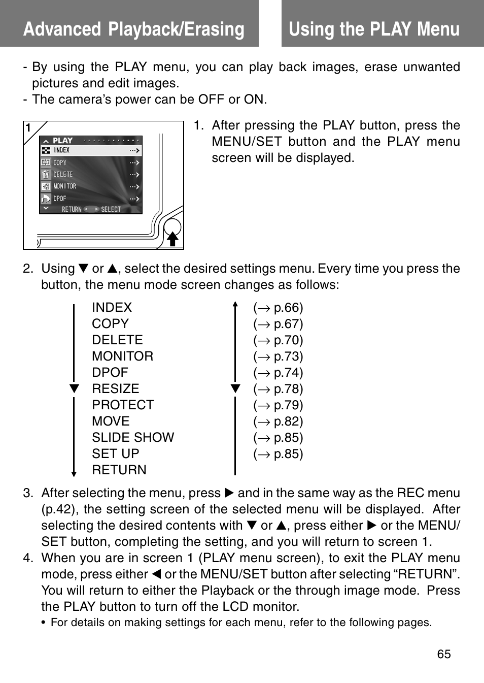 Advanced playback/erasing, Using the play menu, Using the play menu advanced playback/erasing | Konica Minolta Revio KD310Z User Manual | Page 65 / 113
