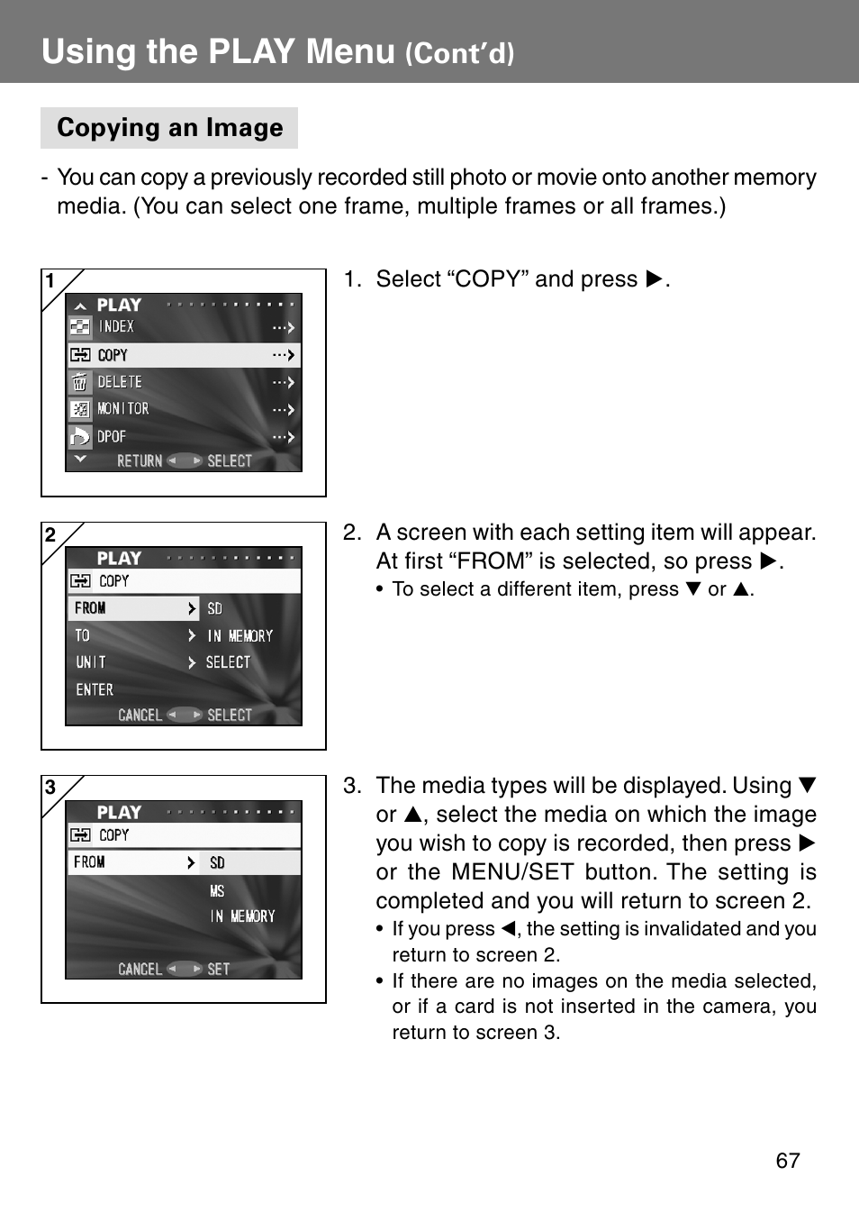 Copying an image, Using the play menu, Cont’d) | Konica Minolta Revio KD310Z User Manual | Page 67 / 113