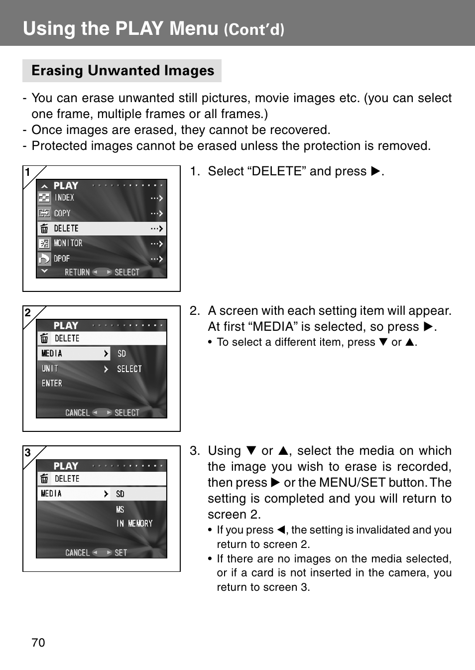 Erasing unwanted images, Using the play menu, Cont’d) | Konica Minolta Revio KD310Z User Manual | Page 70 / 113