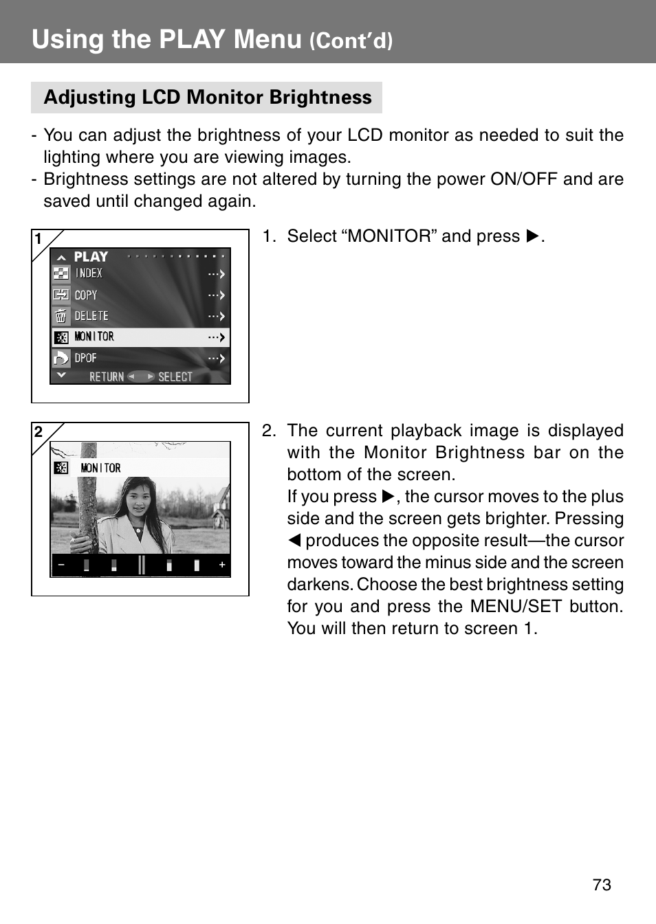 Adjusting lcd monitor brightness, Using the play menu, Cont’d) | Konica Minolta Revio KD310Z User Manual | Page 73 / 113