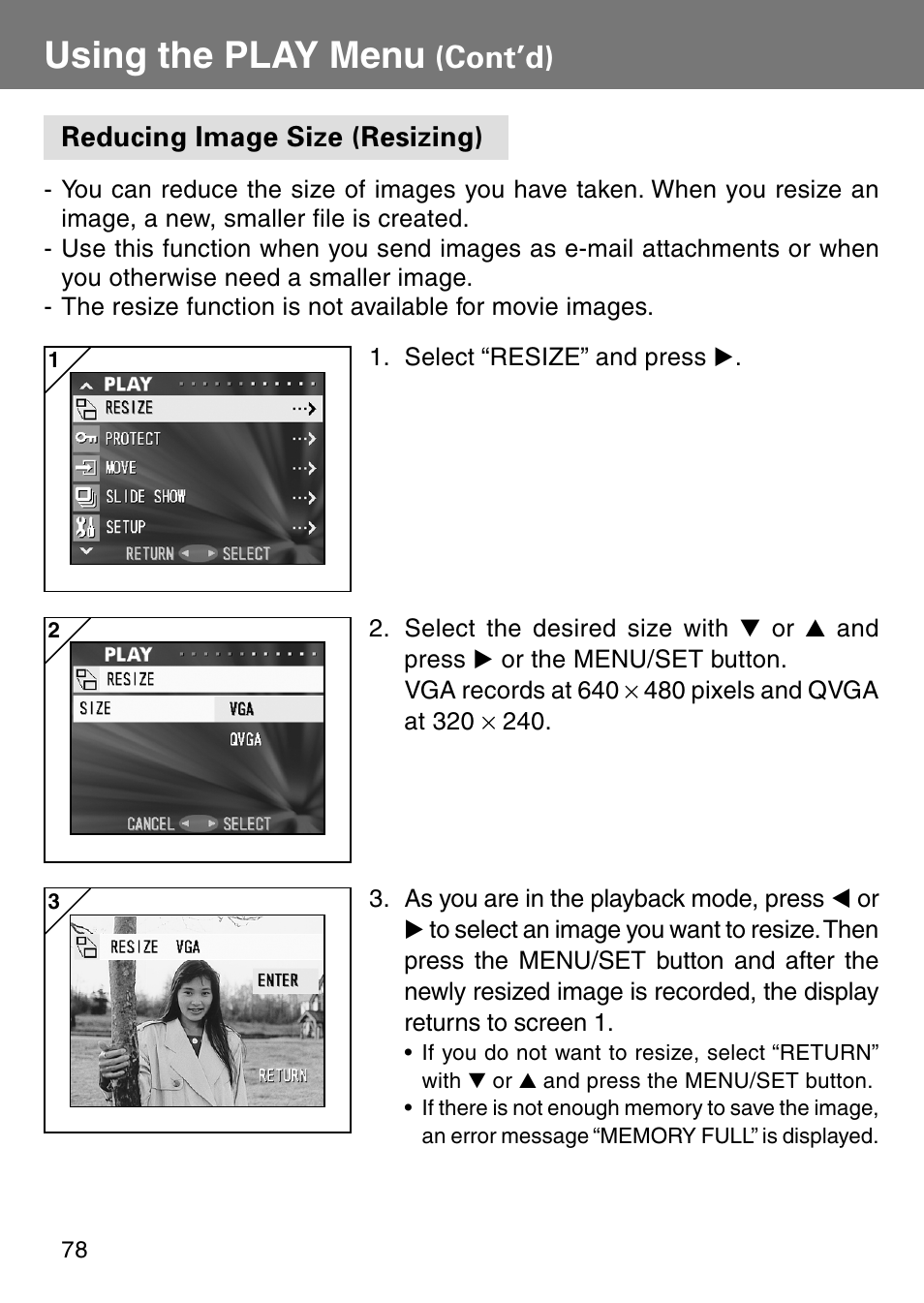 Reducing image size (resizing), Using the play menu, Cont’d) | Konica Minolta Revio KD310Z User Manual | Page 78 / 113