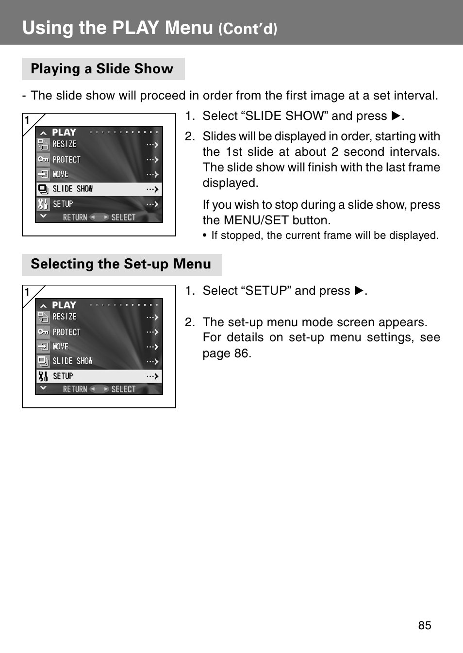 Playing a slide show, Selecting the set-up menu, Using the play menu | Cont’d) | Konica Minolta Revio KD310Z User Manual | Page 85 / 113