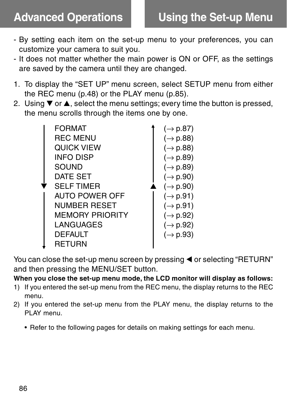 Advanced operations, Using the set-up menu, Using the set-up menu advanced operations | Konica Minolta Revio KD310Z User Manual | Page 86 / 113