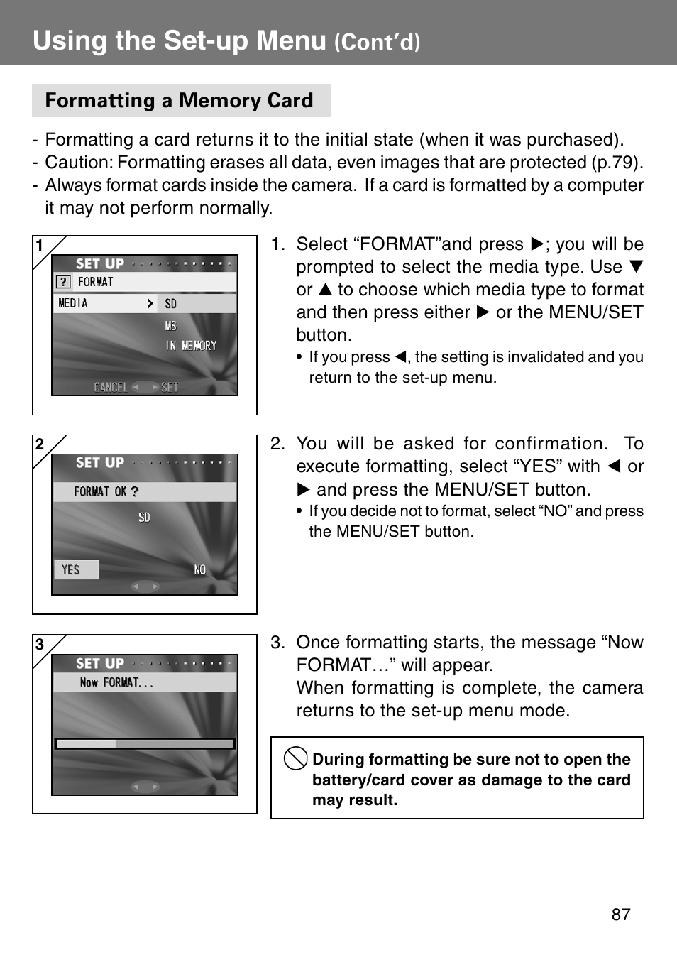 Formatting a memory card, Using the set-up menu, Cont’d) | Konica Minolta Revio KD310Z User Manual | Page 87 / 113