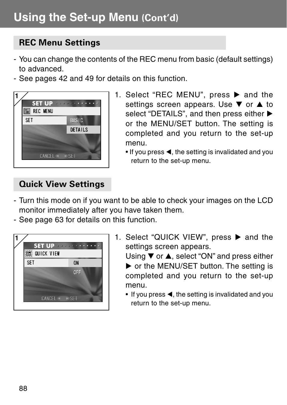 Rec menu settings, Quick view settings, Rec menu settings quick view settings | Using the set-up menu, Cont’d) | Konica Minolta Revio KD310Z User Manual | Page 88 / 113