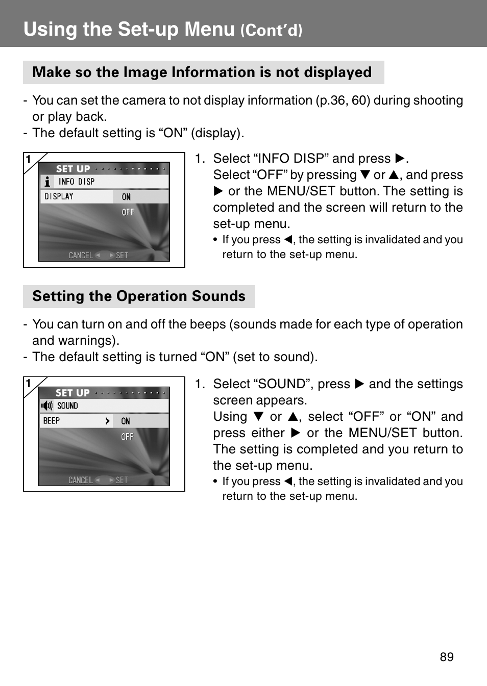 Make so the image information is not displayed, Setting the operation sounds, Using the set-up menu | Cont’d) | Konica Minolta Revio KD310Z User Manual | Page 89 / 113