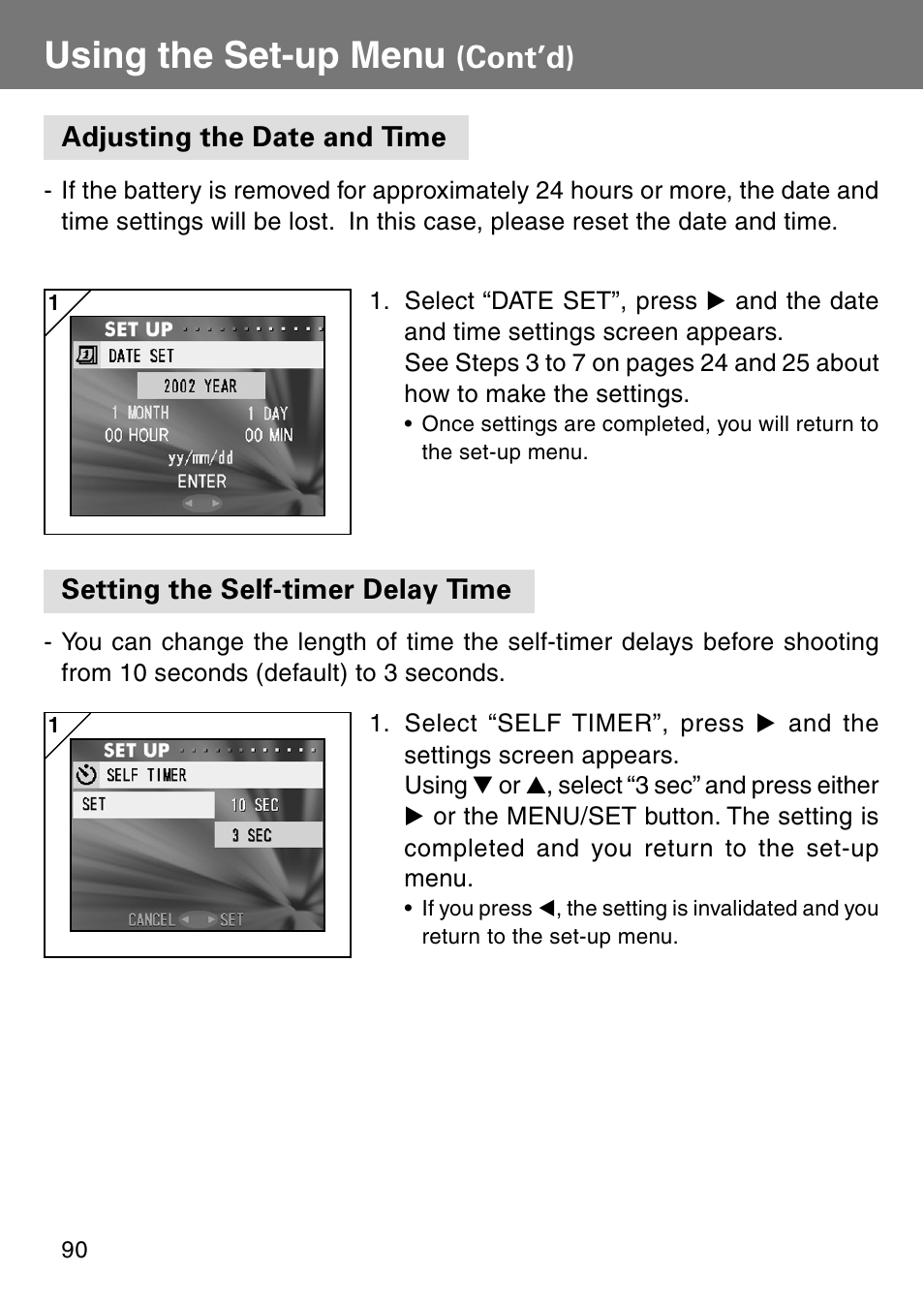 Adjusting the date and time, Setting the self-timer delay time, Using the set-up menu | Cont’d) | Konica Minolta Revio KD310Z User Manual | Page 90 / 113