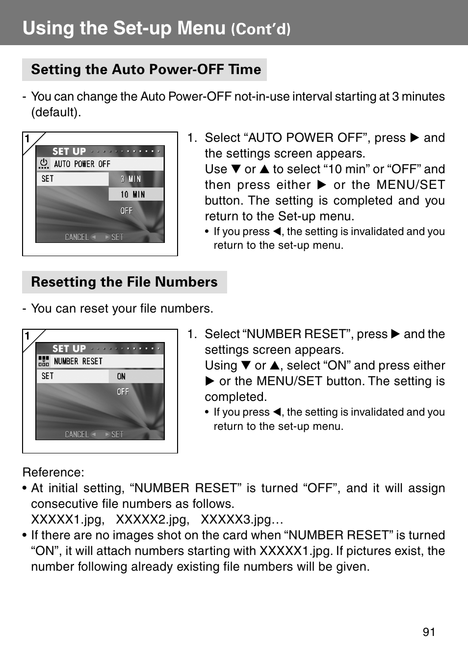 Setting the auto power-off time, Resetting the file numbers, Using the set-up menu | Cont’d) | Konica Minolta Revio KD310Z User Manual | Page 91 / 113