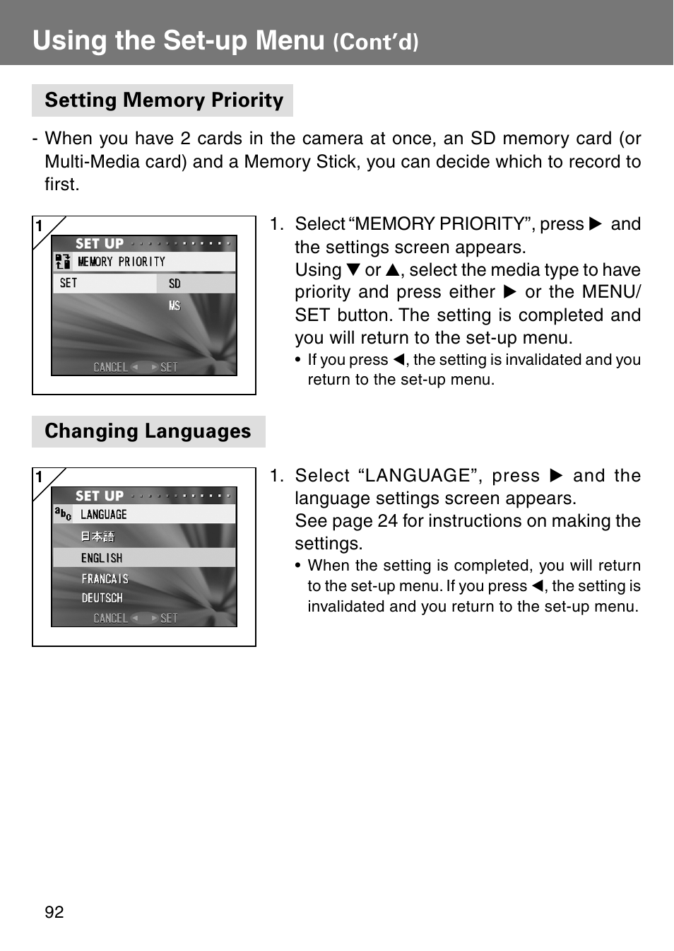 Setting memory priority, Changing languages, Setting memory priority changing languages | Using the set-up menu, Cont’d) | Konica Minolta Revio KD310Z User Manual | Page 92 / 113