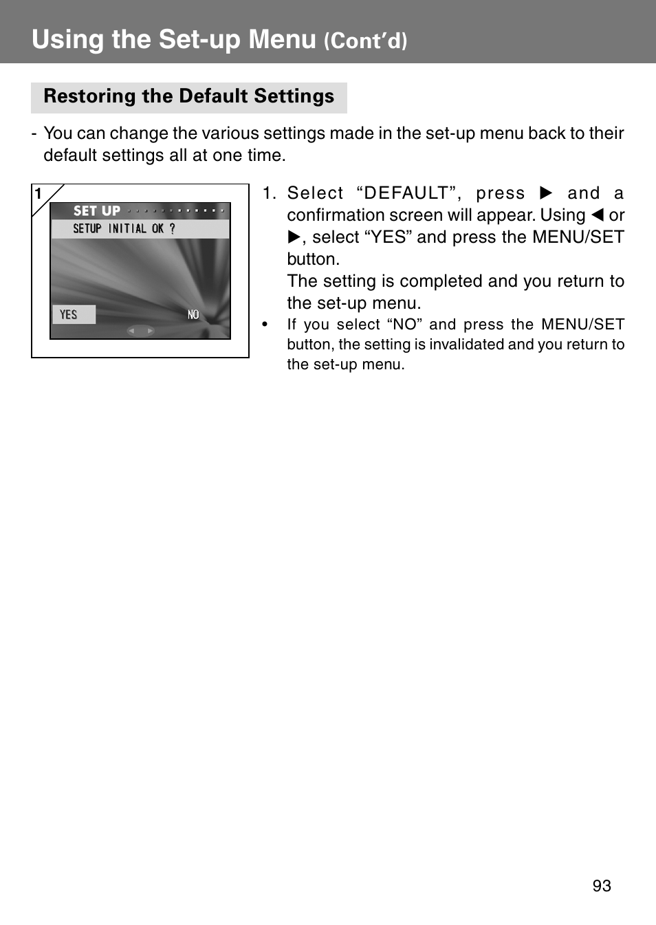 Restoring the default settings, Using the set-up menu, Cont’d) | Konica Minolta Revio KD310Z User Manual | Page 93 / 113