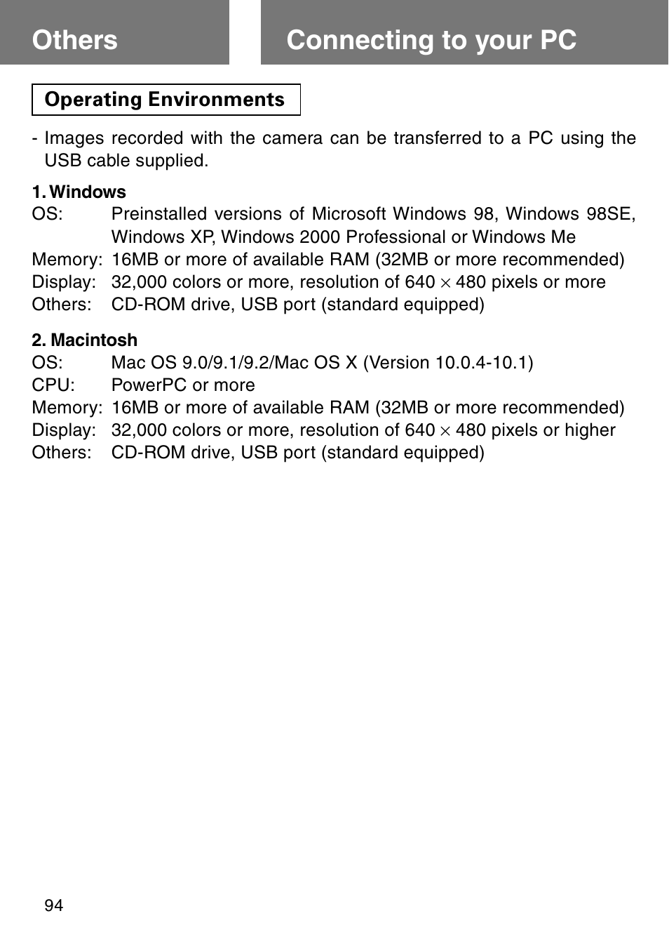 Others, Connecting to your pc, Operating environments | Others connecting to your pc | Konica Minolta Revio KD310Z User Manual | Page 94 / 113