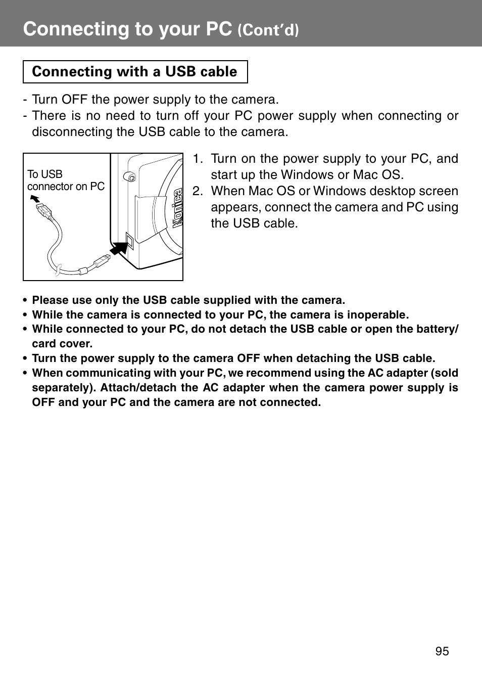 Connecting with a usb cable, Connecting to your pc, Cont’d) | Konica Minolta Revio KD310Z User Manual | Page 95 / 113