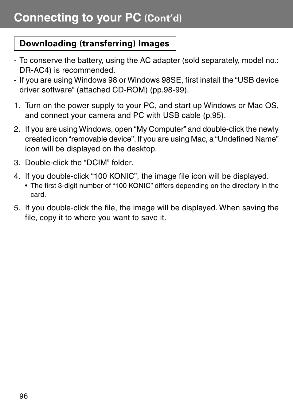 Downloading (transferring) images, Connecting to your pc, Cont’d) | Konica Minolta Revio KD310Z User Manual | Page 96 / 113