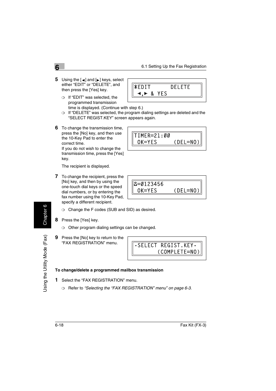 To change/delete a programmed mailbox transmission | Konica Minolta Fax Kit (FX-3) User Manual | Page 107 / 160