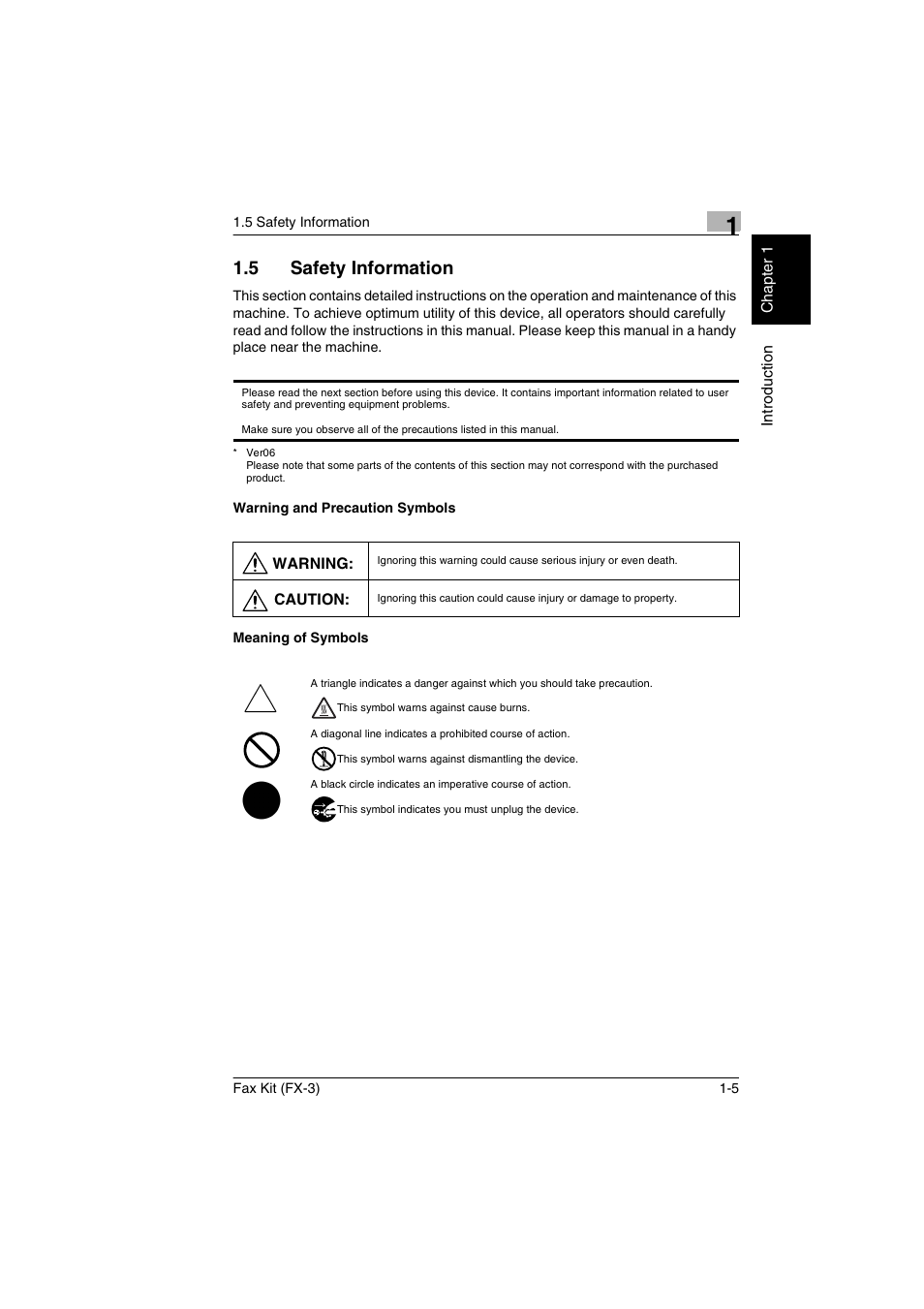 5 safety information, Warning and precaution symbols, Meaning of symbols | Safety information -5 | Konica Minolta Fax Kit (FX-3) User Manual | Page 12 / 160