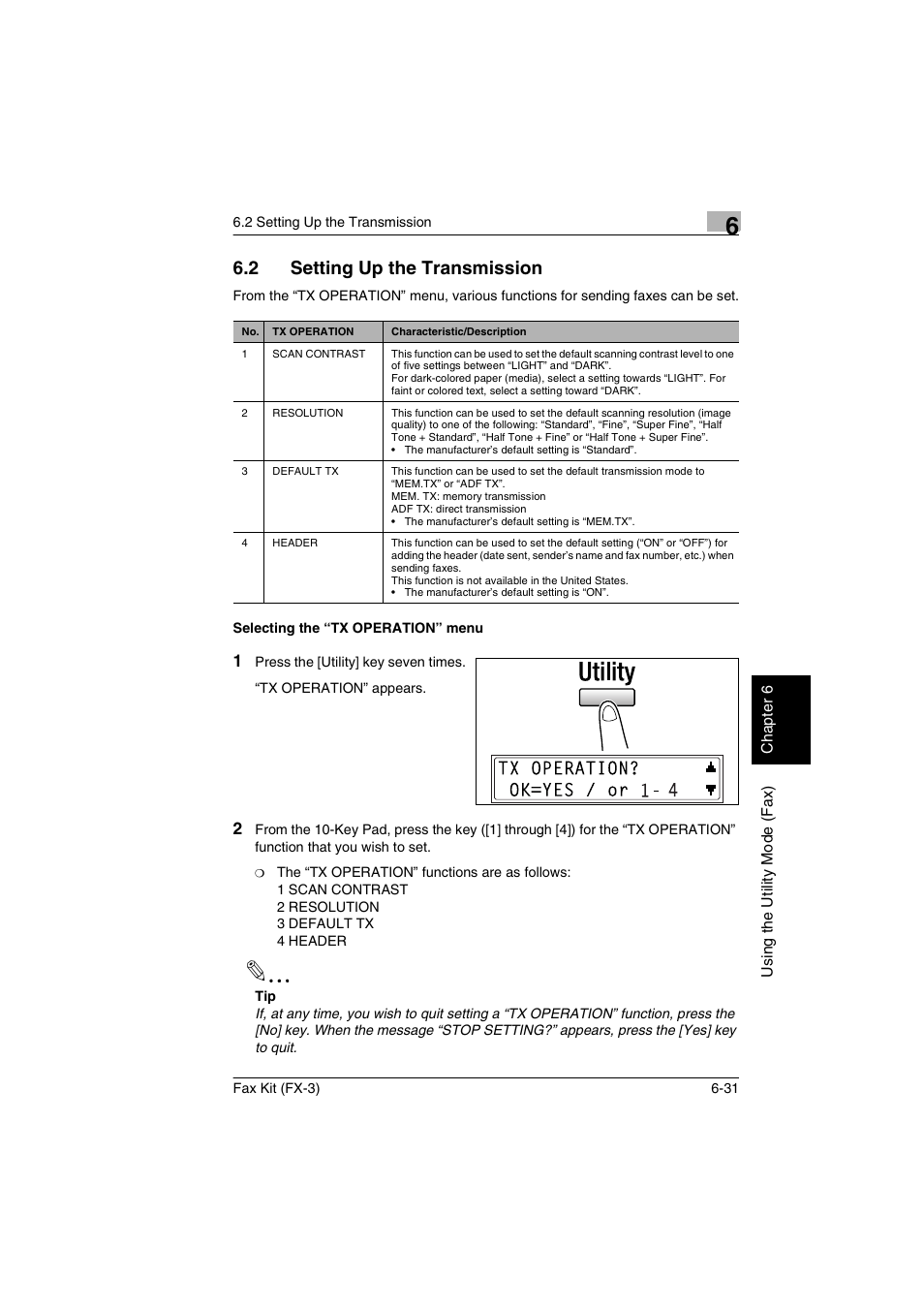 2 setting up the transmission, Selecting the “tx operation” menu, Setting up the transmission -31 | Selecting the “tx operation” menu -31 | Konica Minolta Fax Kit (FX-3) User Manual | Page 120 / 160