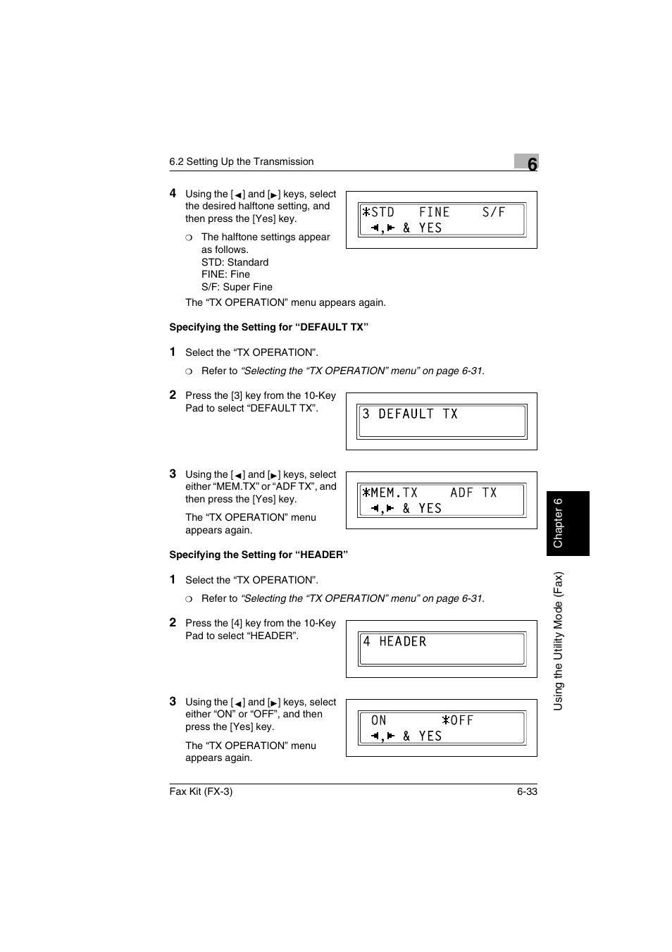 Specifying the setting for “default tx, Specifying the setting for “header | Konica Minolta Fax Kit (FX-3) User Manual | Page 122 / 160